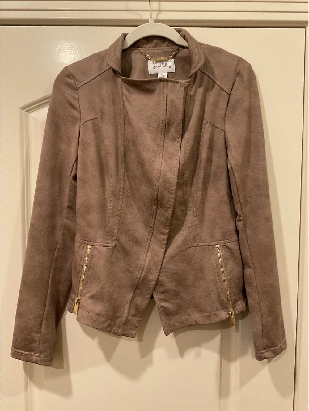 Joseph Ribkoff Asymmetric Military Jacket Faux Suede Taupe Gold Zip Sz S/P